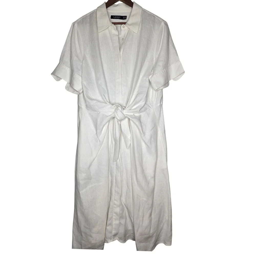 Lauren Ralph Lauren Tie Front Linen Shirtdress White Midi Short Sleeve 16W - Picture 2 of 12